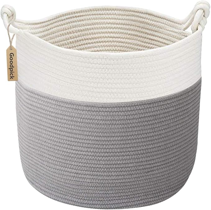 Goodpick Woven Rope Blanket Basket Living Room, 40L, Grey | Small Laundry Basket for Organizing Baby Clothes, Blankets & Pillows, Great for Bedroom Nursery Home Décor