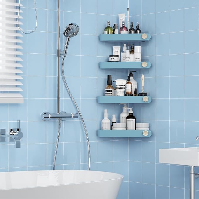 Sotfamily Plastic Shower Caddy Corner (for 90° Only), 4 Pack, Light Blue | Adhesive Corner Shower Shelves for Bathroom Organizers and Storage, Bathroom Decor, No Drill, Rust Free