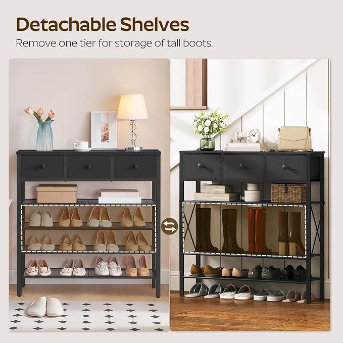 YATINEY 5-Tier Shoe Rack with 3 Drawers, Metal Shoe Organizer for 20 Pairs with Storage Shelves and Wooden Top, for Entryway, Hallway, Foyer, Closet, Black SS35BB