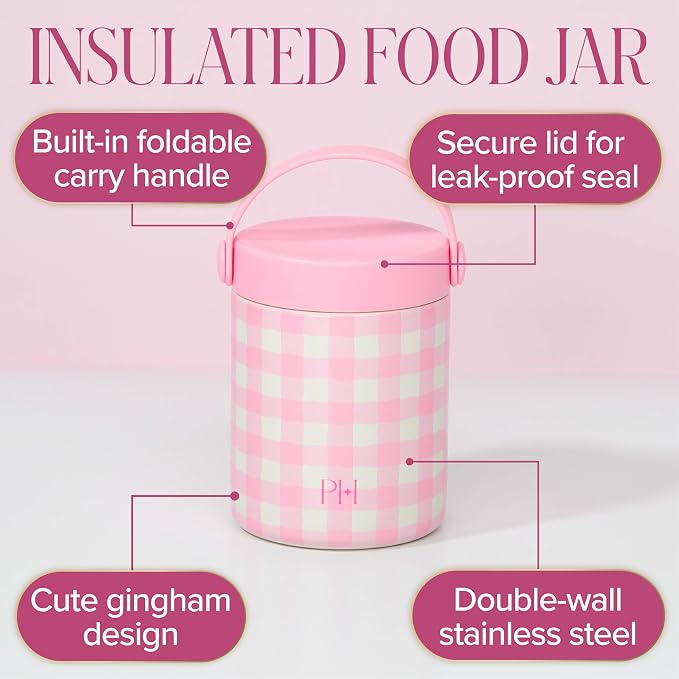 Paris Hilton Limited Edition Gingham Insulated Food Jar, Stainless Steel Vacuum Insulated Food Container with Folding Carry Handle, Leak-Proof Lid, 15-Ounce, Pink