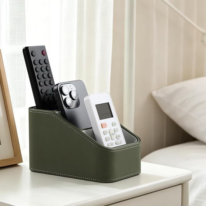3 Compartments PU Leather Remote Control Holder, TV Remote Holder for Couch | Small Pen Desk Organizer for Office Bedside Living Room, Remote Caddy Nightstand Organizer