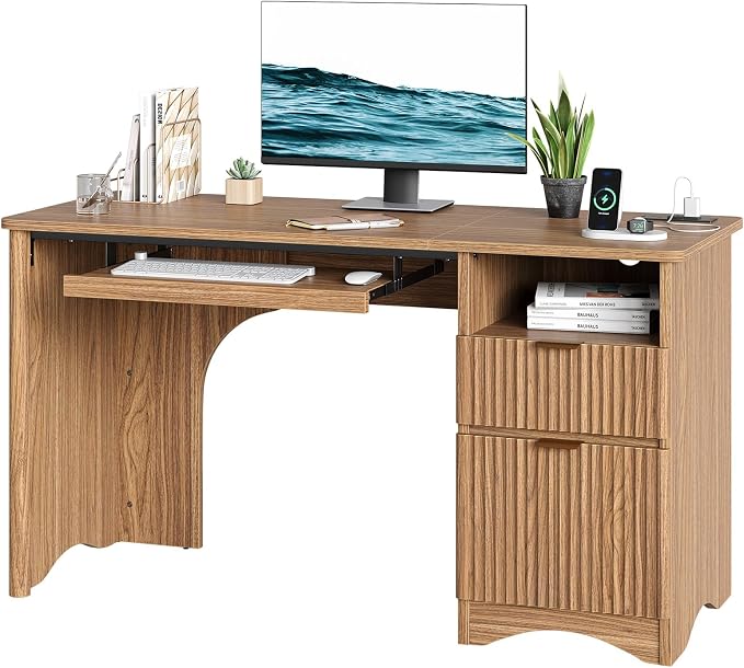 Bestier Computer Desk with Drawer, 55 inch Office Desk with Power Outlet, Modern Home Office Desk with Keyboard Tray (55" W with Single-Sided Drawers)