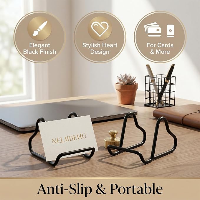2 Pcs Cute Black Metal Heart Business Card Holder for Desk | Metal Heart Business Card Display Stand, Pretty Desk Organizer and Cute Desk Accessories for Office Desktop