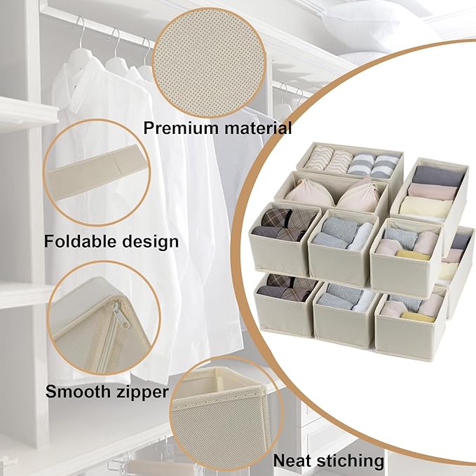 Fordonral Drawer Organizer Clothes, Foldable Fabric Dresser Organizer Closet Organizers and Storage Box for Underwear,Folded Clothes,Baby Clothing,Socks,Bra,Towels,Ties(6M+6S,Beige)