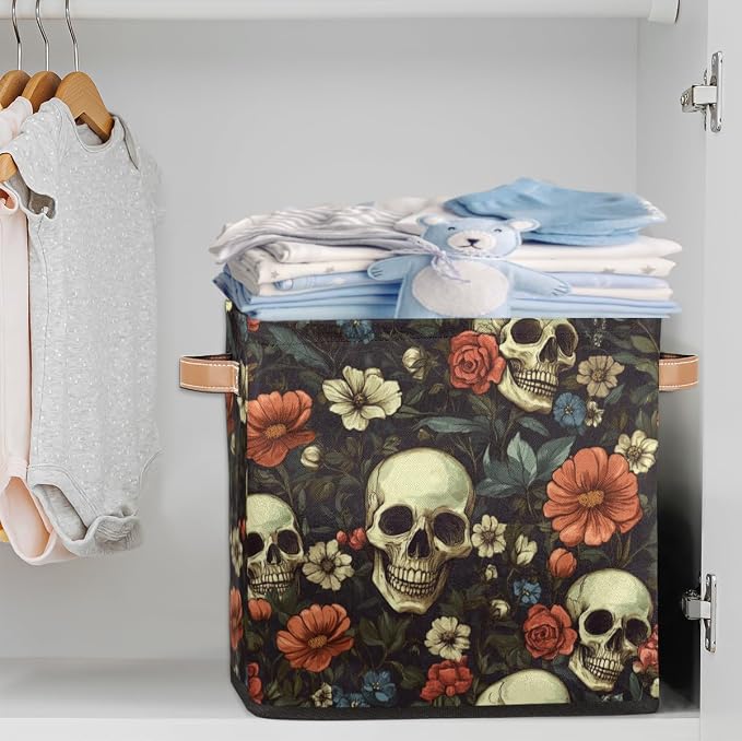 TropicalLife Floral Skull Storage Cube, 13 Inch Fabric Cube Storage Organizer Bin for Shelves Clothes, Decorative Foldable Storage Boxes