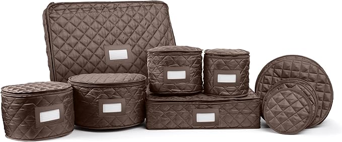 Covermates Keepsakes Dish Storage Set – Padded China & Dinnerware Storage Cases with Dividers, Cup & Stemware Storage, Quilted Polyester Protection, ID Window, Bronze