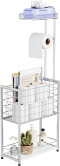 SWTYMIKI Freestanding Toilet Paper Holder - 4-Tier Free Standing Toilet Paper Holder Stand with Large Basket, Stand Mega Roll Storage Rack for Extra Rolls, Magazines, Wet Wipes, Silver