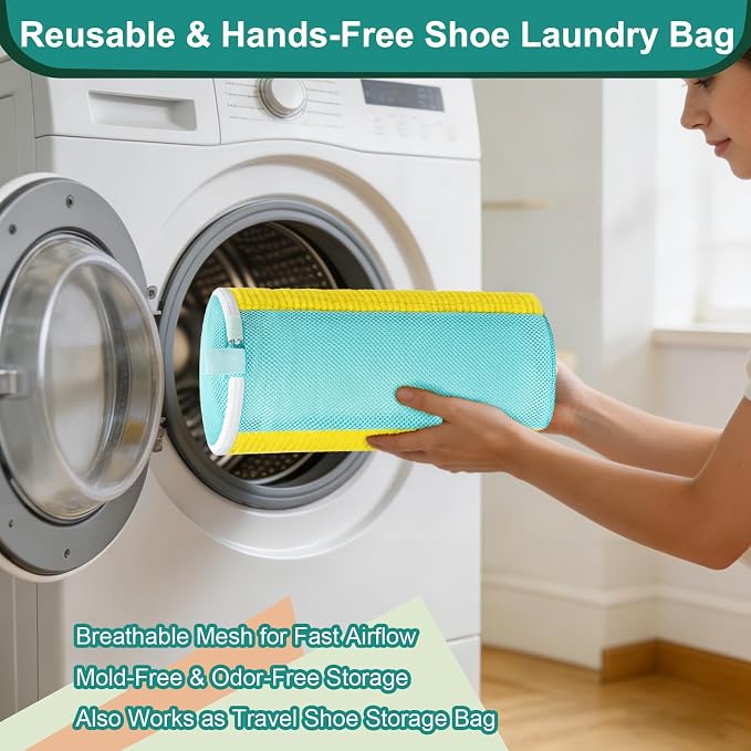 Shoe Washing Machine Bag 2-Pack with Invisible Zipper & Internal Scrubbing Bristles, Reusable Mesh Shoe Laundry Bag for Sneakers, Running & Athletic Shoes, Washer Protector & Noise Reduction