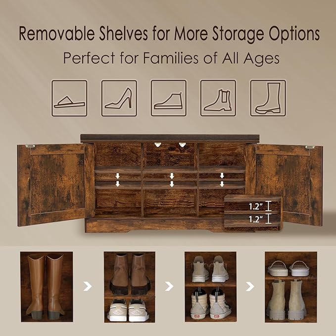 DINZI LVJ Shoe Bench, Entryway Storage Bench with Doors, Cushion, 2-Tier Shoe Rack with 6-Cubby, 31.5”L x 13.8”W Shoe Organizer Cabinet, Adjustable Shelf, Living Room, Bedroom, Rustic Brown