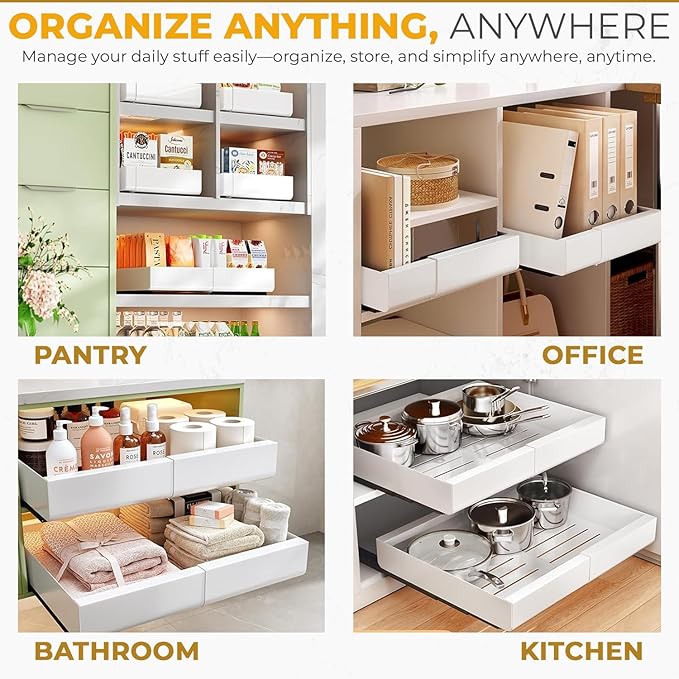 1pack Pull Out Under Sink Organizer – Expandable Sliding Cabinet Shelf for Kitchen, Bathroom, Pantry – Heavy Duty Metal Storage Rack for Cleaning Supplies and Bottles (White, 12.5-19.6 x 17 Inch)