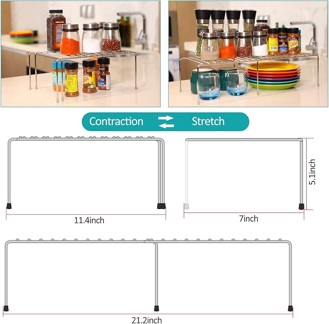 Expandable Cabinet Shelf Rack, Stainless Steel Adjustable Kitchen Countertop Shelves Risers, Kitchen Shelf Rack For Pantry, Garage, Desktop, Refrigerator, Bathroom Organization And Storage