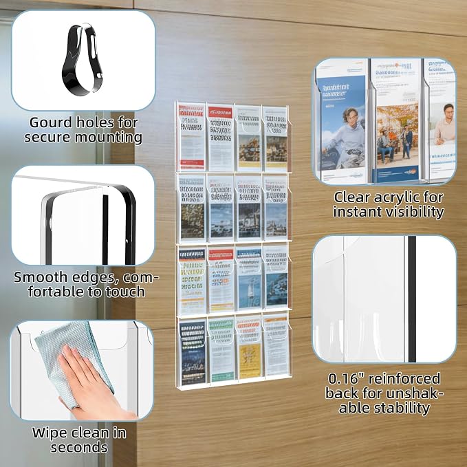 Acrylic Brochure Pamphlet Holder, 16 Pamphlet Holders, Clear Brochure Display Holder Wall Mount, Trifold Flyer Rack, Literature Storage Rack for Home, Offices, Waiting Room