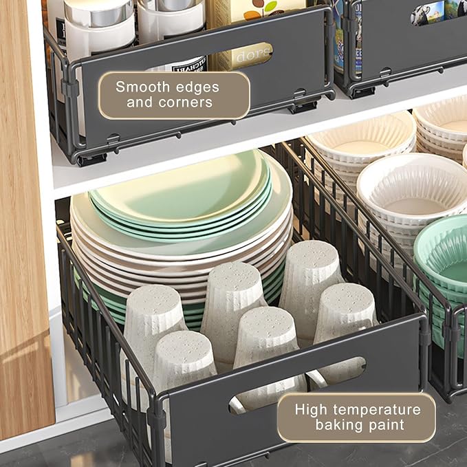 Pull-out Cabinet Organizer Storage Basket Large Capacity Strong Load-Bearing Easy Installation No Drill Slide-Out Drawers Storage Racks (2pc Small)