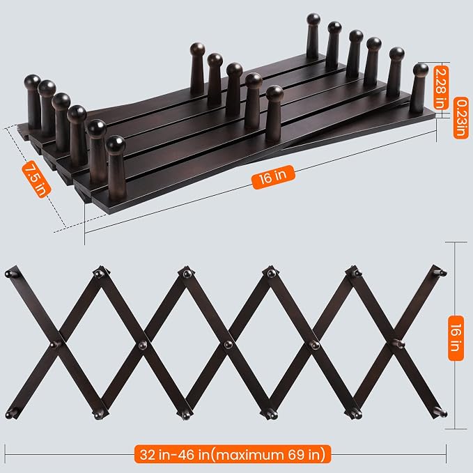 Homode Accordion Wall Hanger, Hat Hangers Wall Mounted, Wood Accordian Coat Rack with 17 Hooks, Expandable Peg Rack Wall Organizer for Hanging Baseball Caps, Hats, Purse, Coffee Cup, Bag, Walnut