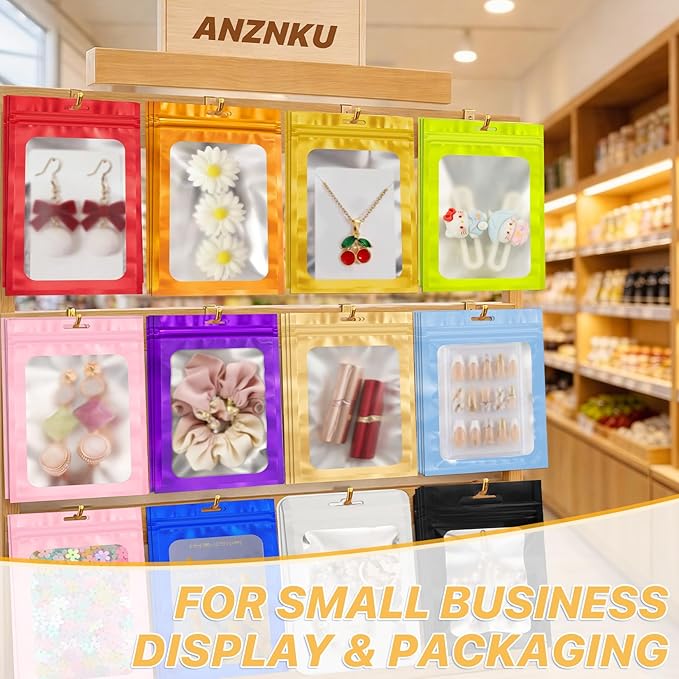 ANZNKU 100 PCS Multicolor Resealable Mylar Bags with Frosted Clear Window Packaging Bags Foil Pouch Zipper Bag for Food Self Sealing Jewelry Candy Storage Supplies (4.13x5.91)