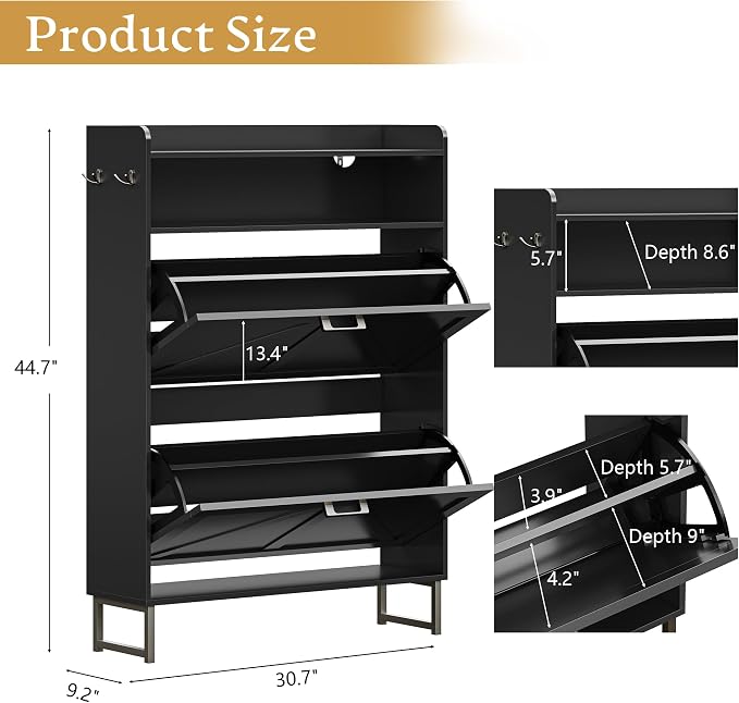 Wodeer Shoe Storage Cabinet with 2 Flip Drawers, Narrow Wood Shoe Cabinet Storage for Entryway with Metal Legs & Hooks, Adjustable Shelves, Freestanding Shoe Rack Organizer for Foyer, Hallway, Black