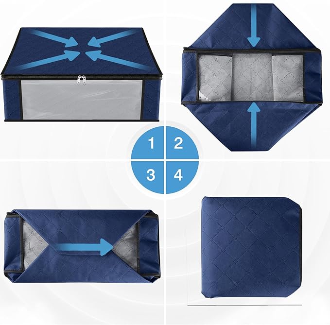 HomeHacks Storage 4-Pack Clothes Organizer Storage Bags Foldable Storage Box with Large Clear Window Sturdy Handles for Closet, Dorm, Pillows, Bedding, Clothes, Blankets, 35L, Blue