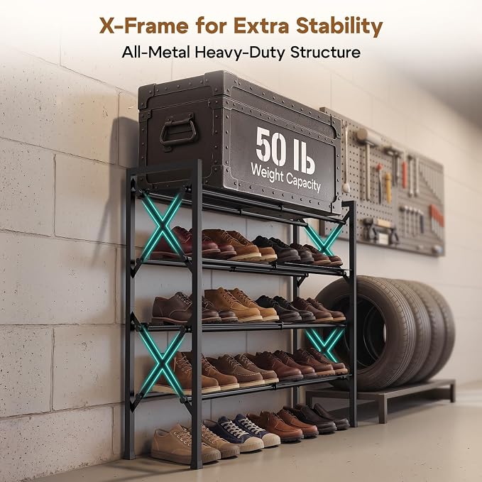 YEASHEIN 4-Tier Expandable Shoe Rack Organizer with Wire Mesh Shelf - Black | Sturdy Metal Shoe Shelf with 5-Tier Storage, Adjustable Shoe Stand, Free Standing Shoe Rack for Closet, Entryway, Garage