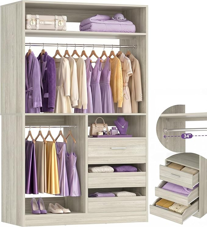 iSunirm 36'' Closet System with Long Hanging Rods, 3FT Modular Closet Organizer System with 4 Shelves, Wood Walk-in Closet with Closed & 2 Half-Open Drawers, 80" H Adjustable Garment Rack, White Oak