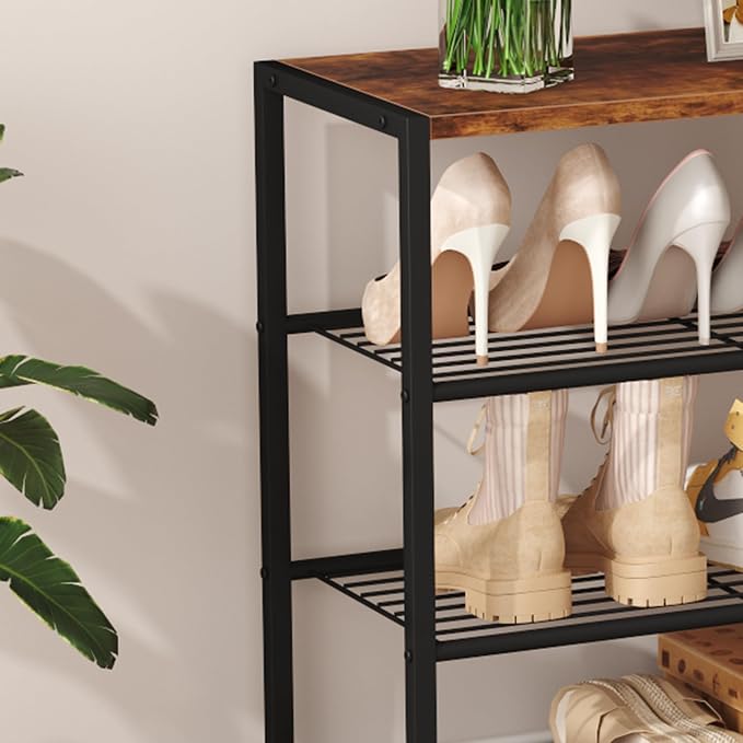 HOMEFORT 3-Tier Shoe Rack, Shoe Storage Shelf, Industrial Shoe Tower, Narrow Shoe Organizer for Closet Entryway, Small Shoe Rack Table with Durable Metal Shelves, Rustic Brown
