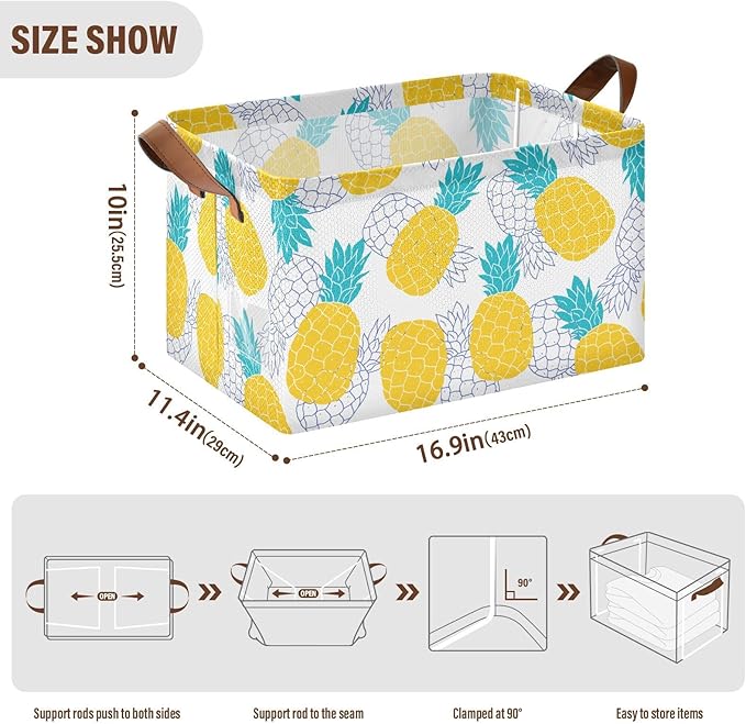 Aqua Blue and Yellow Pineapple Storage Basket Foldable Cube Storage Bins with Handles&Label Waterproof Organizer Box Bin Large Rectangle Decorative Baskets for Shelves Home Room Laundry-2 Pack
