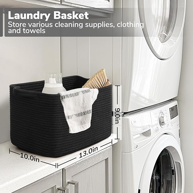 Goodpick Woven Storage Baskets for Organizing, Cotton Rope Organizer for Living Room Bedroom, Black Laundry Basket with Handles, Stylish Gift Baskets for Baby Boys, 13"x10"x9"