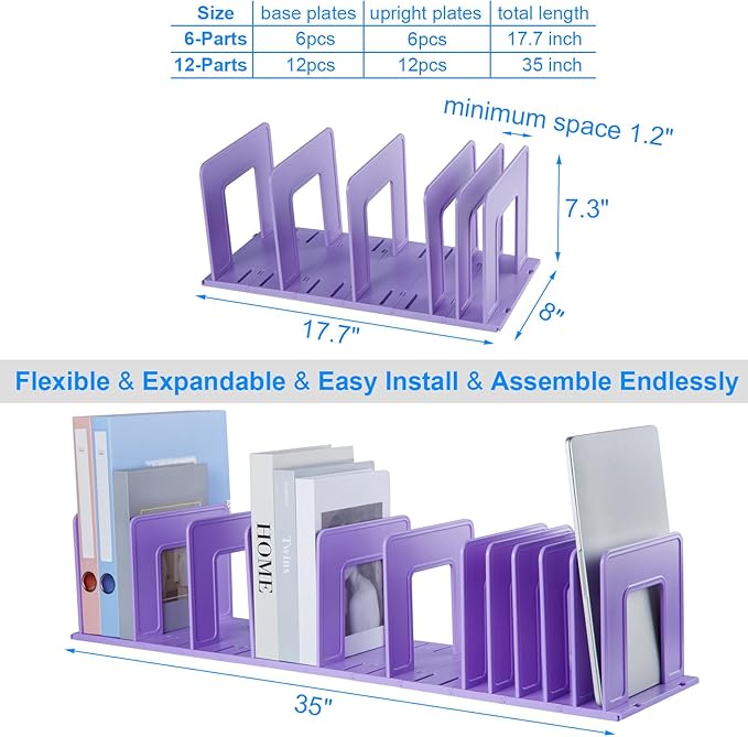 Adjustable Vertical File Sorter Sturdy Plastic Expandable Upright File Holder, Desktop Binder Organizer, School Office File Organizer Bookshelf Divider, Assemble Easily Endlessly, Purple
