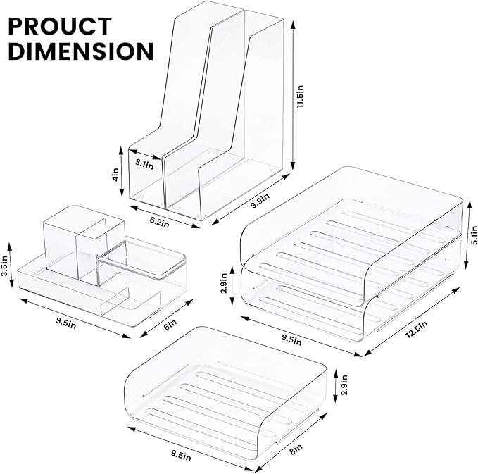 CiWiVOKi Desk Organizer with 2 Vertical File Holder, 4 Tier Stackable Paper Letter Tray File Organizer with 5-Compartments Pen Holder, Clear Desktop Organizer Office Organization and Storage