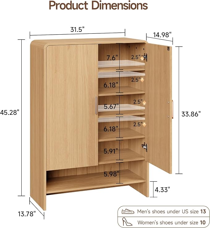 ONBRILL 6-Tier Shoe Storage Cabinet, 45'' Large Farmhouse Shoe Cabinet for Entryway, Modern Wooden Shoe Rack Organizer with Doors and Shelves, for Front Door Hallway (Oak)