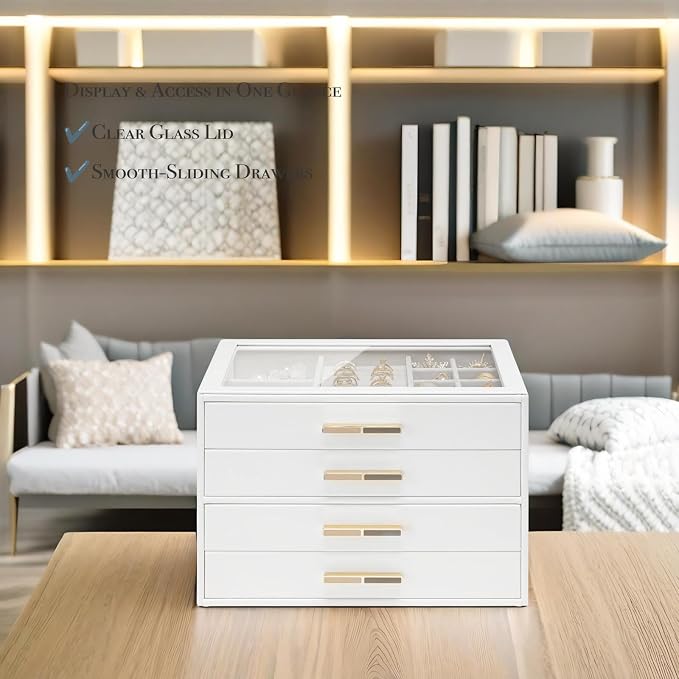 VLANDO 4-Drawer Jewelry Box with Glass Lid, Faux Leather Organizer for Rings Earrings Necklaces and More, Gift-Ready Jewelry Case for Women Girls or Moms, White