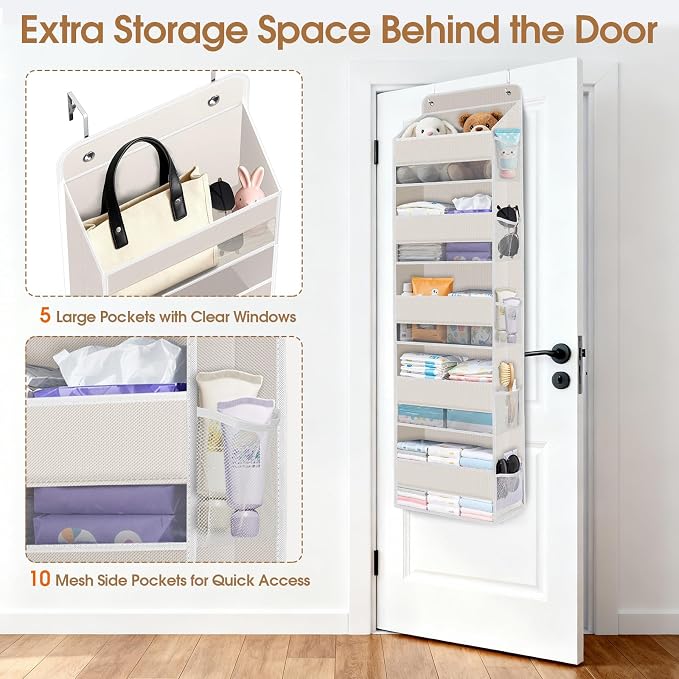 WISELIFE Over the Door Organizer Storage with 5 Large Pockets, Door Hanging Organizer with Clear Windows, Behind the Door Storage for Nursery Bedroom Bathroom Pantry Closet and Baby Essentials, Beige