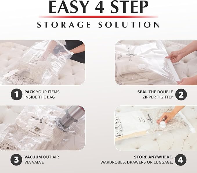 GENIE SPACE Premium Vacuum Storage Bags for Clothes, Bedding and Travel, Large Size 30x24 Inches, Airtight, Odor-Proof and Reusable Space Saver Bags with Double Zipper Seal, 6-Pack with Hand Pump