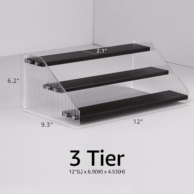 nianfeng Tiered Spice Rack, 3-Tier Spice Pantry Kitchen Cabinet Organizer, 12-Inch, Natural Wood Acrylic Stair Riser Stand, Countertop Seasoning Shelf (Black)