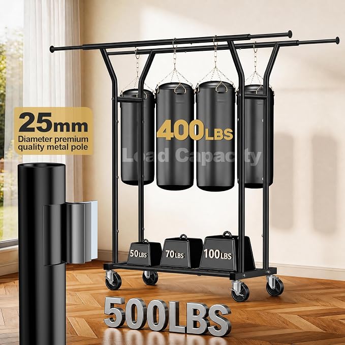 Heavy Duty Rolling Garment Rack, Double Rod Clothing Organizer, Black | Supports up to 500 lbs, extendable double hanging rod, lockable wheels, storage shelves for bedroom, laundry, and living room