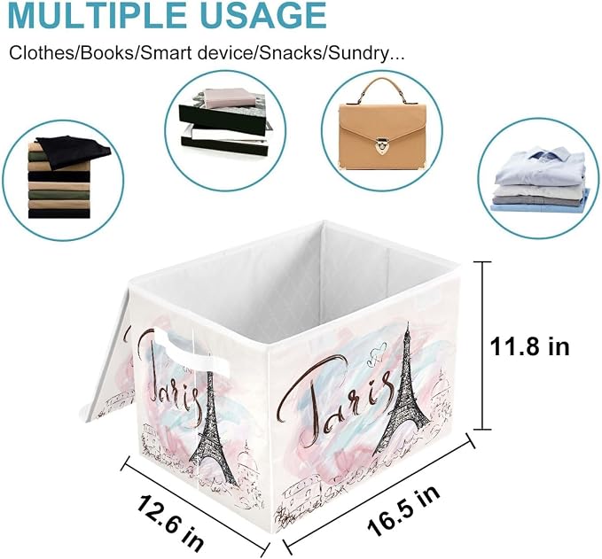 CaTaKu Large Fabric Storage Bins With Lids,Vintage Eiffel Tower Paris Storage Boxes With Handles for Organizing Clothes, Collapsible Decorative Storage Cube Bins Baskets for Shelves