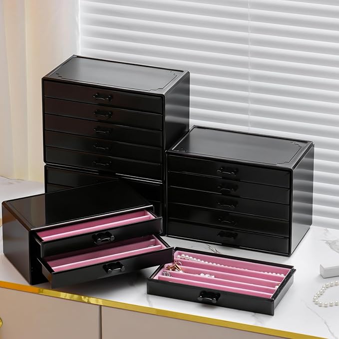 YUFONG Necklace Holder Organizer, Dustproof Necklace Box Velvet Necklace Organizer Box with Lid Clear Acrylic Dustproof Stackable Jewelry Displays for Necklaces Chain Display (Black Black, 3 Drawer)