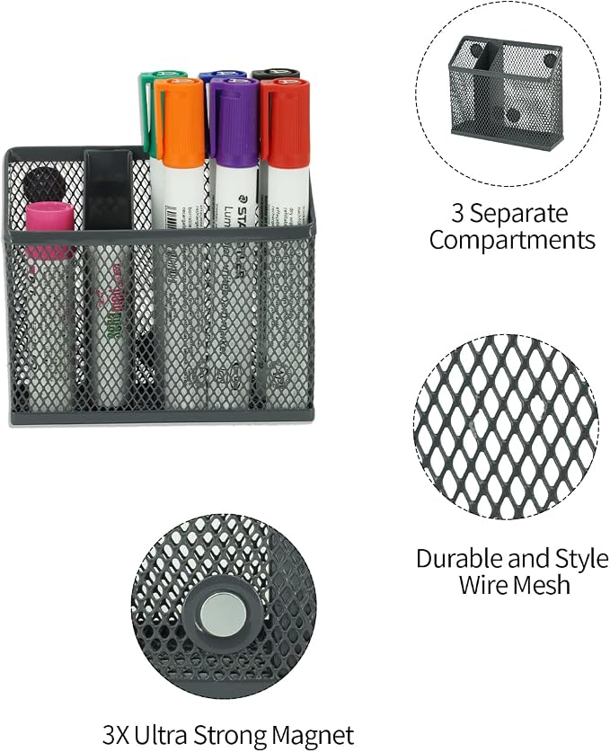 Neudeco Locker Accessories and Decor Kit, Pack of 4, Grey | Mesh Locker Shelf, Locker Organizer, Magnetic Basket, Pen Holder