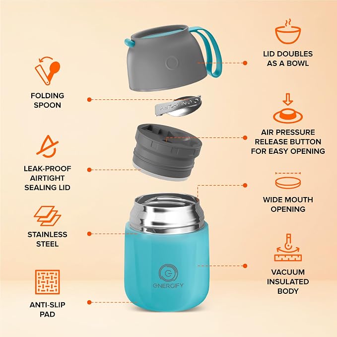 ENERGIFY Vacuum Insulated Food Jar. Large 17oz Bowl incl. Folding Spoon, Cup. Wide Mouth Keep Hot & Cold Drinks Soup Lunch Container for Adults. BPA-Free Stainless Steel, Leak Proof Blue