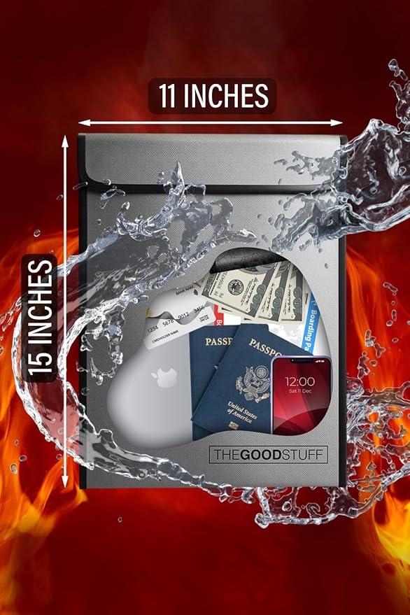 The Good Stuff Fireproof Document Bag Legal Size: 15" x 11" [2000°F Rated] Protect Birth Certificates, Contracts, Legal Papers, Cash, and Other Valuables - Water and Fire Resistant File Bags