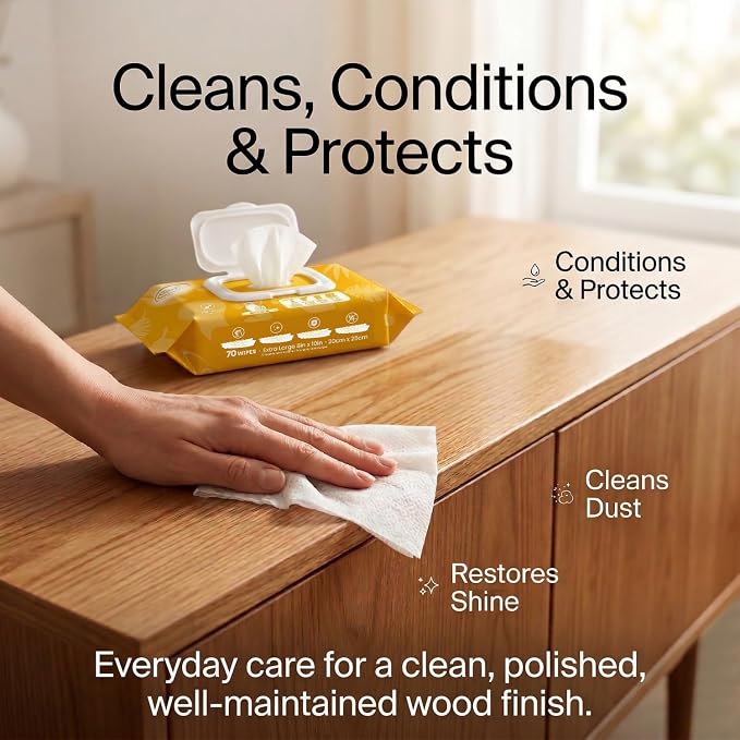 Air Jungles Wood Furniture Cleaner Wipes, XL 8x10 Inch, 70 Count | Clean, Protect, Polish Finished Wood Tables, Chairs, Cabinets, Desks, Door, With Vitamin E Gentle For Skin, Lemon Scent