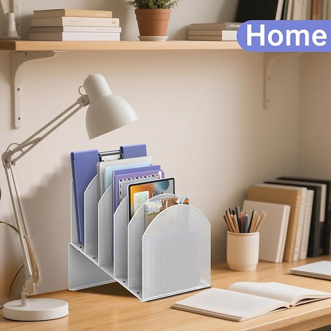 File Organizer for Desk, 5-Section Mesh Mail Holder, White | Mesh file organizer for desk, mail organizer and folder holder for A4/letter papers, notebooks, binders and office supplies