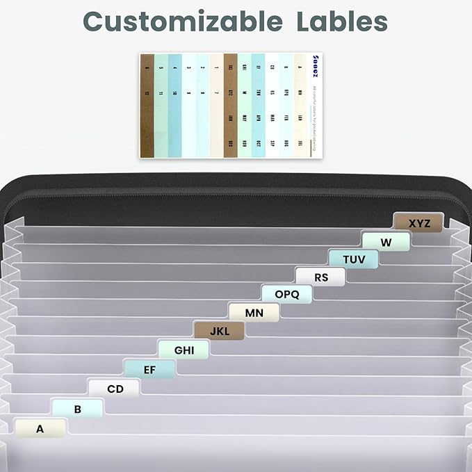 Sooez Heavy Duty Accordion File Organizer with Hidden Handle, Portable 12 Pockets Expanding File Folders, Cloth Monthly Bills Receipt Organizer for Letter/A4, School Classroom Home & Office Supplies
