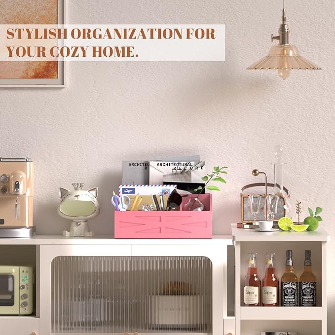 Wood Mail Organizer Countertop,Farmhouse Desk and Kitchen Countertop Storage, Letter Sorter, Desk Mail and Bill Organizer, Desktop File and Paper Holder (Pink)