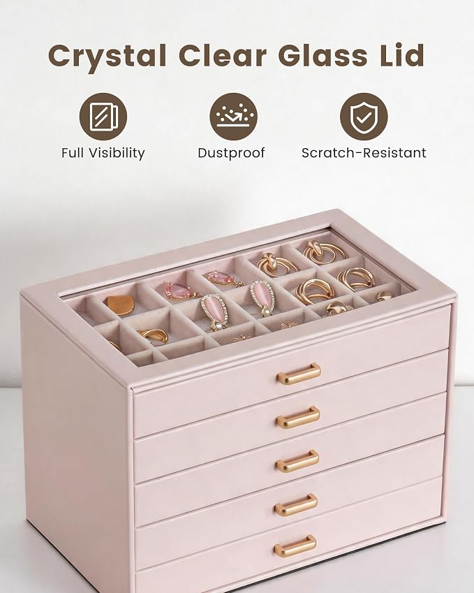 Lolalet Earring Organizer, Jewelry Box with Clear Lid -Pink, 5 Layer | PU Leather, Velvet, Removable Dividers, Dustproof, Easy Clean, For Studs Rings, Gift for Women Girls, Home Aesthetic Decor