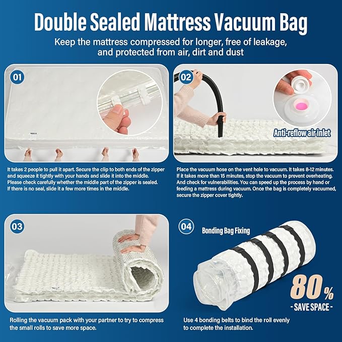Twin Size Mattress Vacuum Bag -80% Compression for Mattress Storage with Leakproof Double-Zip Seal | Includes Reusable Organizer Bag & Labels for Dorm Heavy Duty Moves