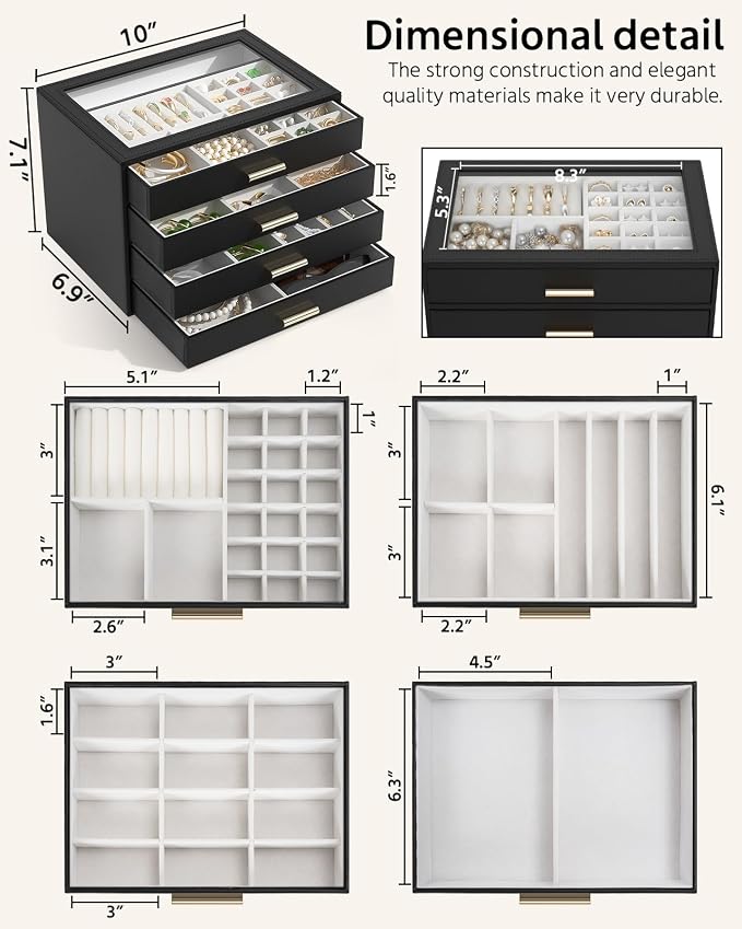 AKOZLIN Jewelry Box with Clear Lid Functional Leather Jewelry Storage Organizer Case 4 Drawers for Women Girls Necklace Ring Bracelet Earring