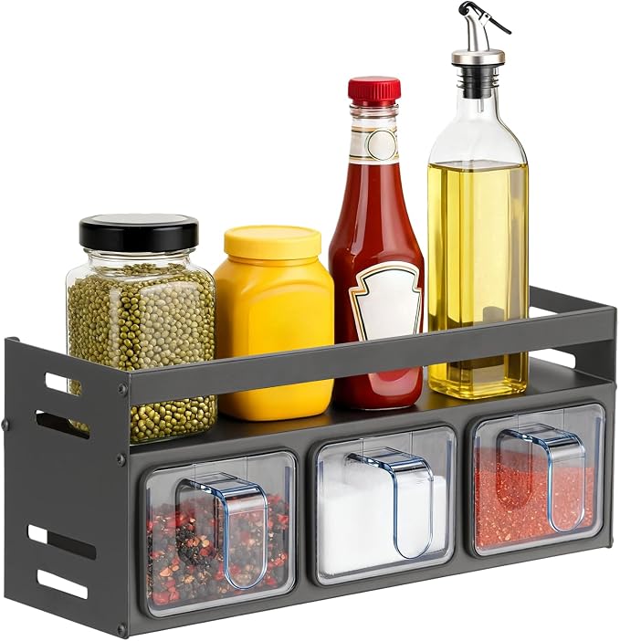 Kitchen Spice Rack, Kitchen Organizer and Storage Rack with 3 Spoons, Spice Organization for Cabinets Punch-free Wall/Countertop Home Decor Multifunctional Double Layer 3 Grid Condiment Rack, Gray
