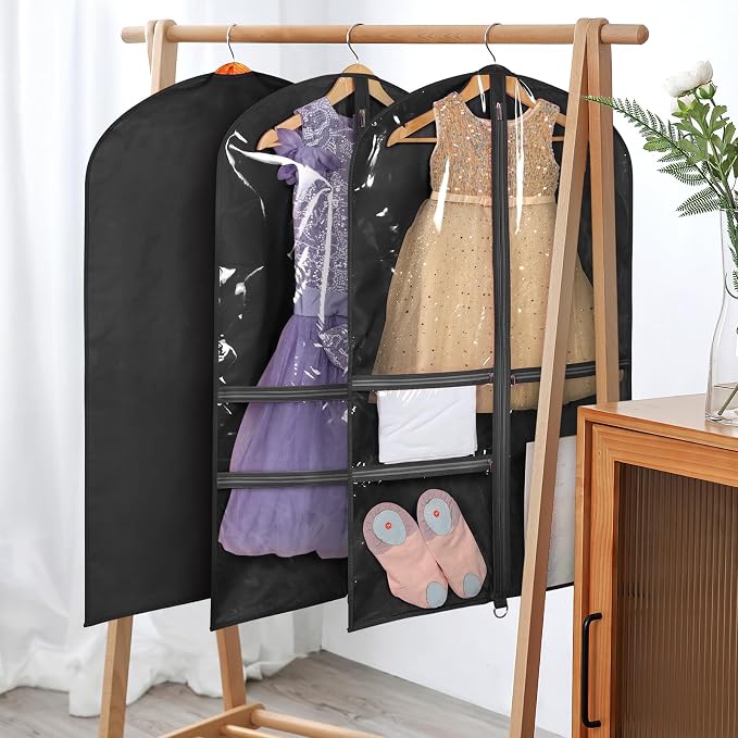 Univivi Dance Costume Bags Garment Bag 40 Inch Hanging Clothes for Dance Competitions, with 3 Medium Clear Zipper Pockets for Dance Costumes, Closet Storage(Clear Black)