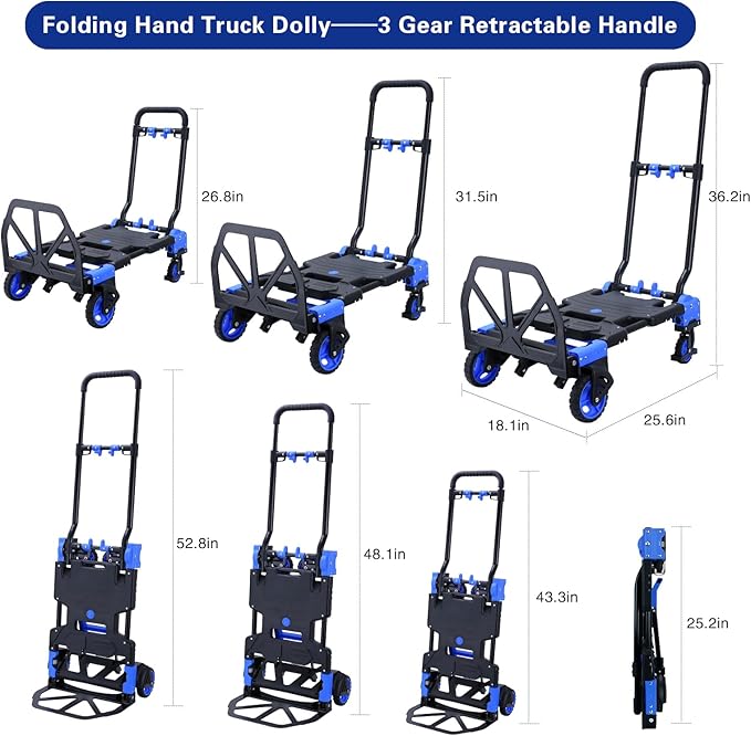 2 in 1 Hand Truck Dolly Foldable with Basket,Hand Truck Foldable with Retractable Handle,330LBS Capacity Folding Hand Cart,Portable Dolly Cart with Wheels for Moving