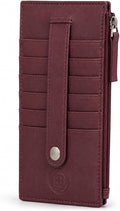 Leatherboss Genuine Leather Women's All in One Credit Business Card Case Holder Slim Zipper Wallet With a Card Protection Strap, Wine